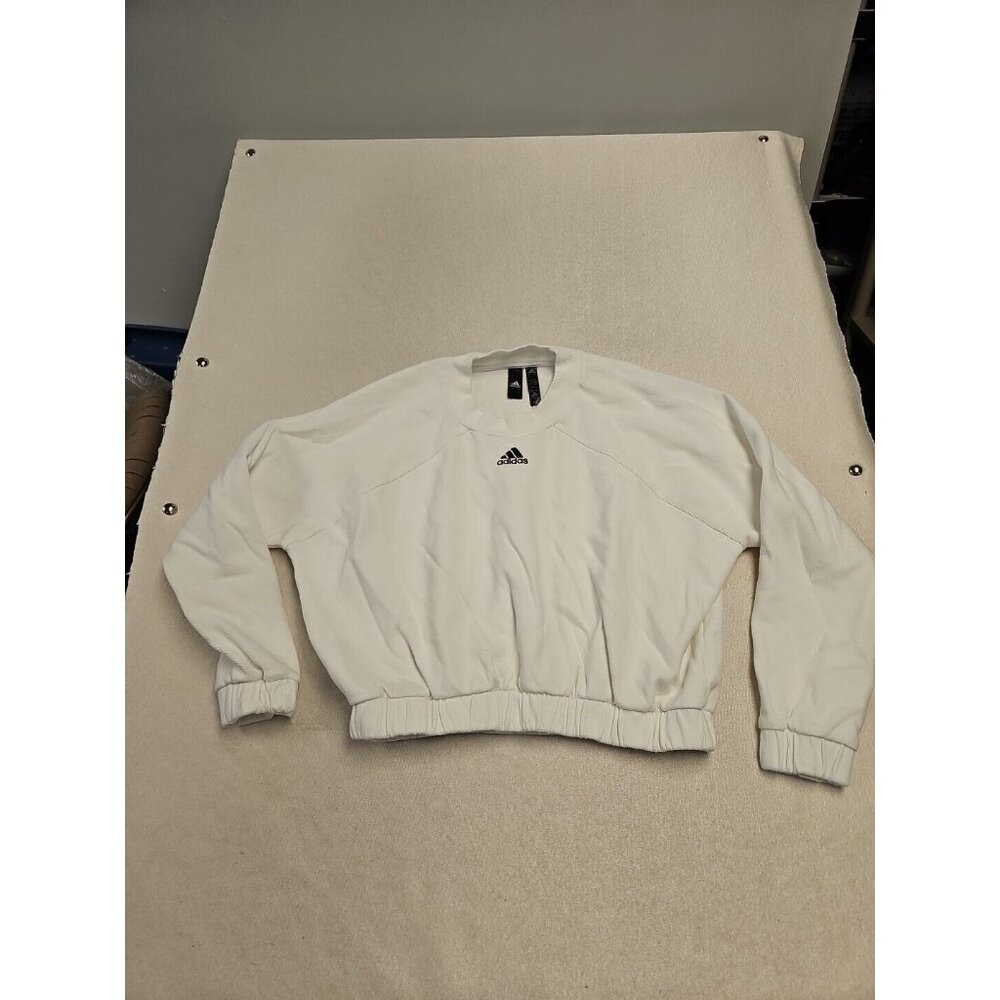 Adidas Women Oversized White Sweater Crop Medium 80s Pullover Knit Elastic Wais